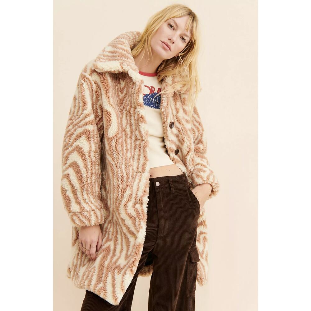 Apparis Rico Swirl Print Long Coat Faux Fur Sherpa Camel Brown Cream Size XS